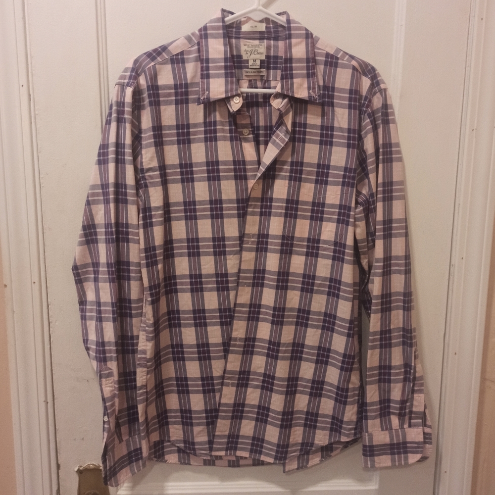 J.Crew 100's 2-Ply Yarns Button Up Shirt Mens Size medium Slim Pink Purple Plaid